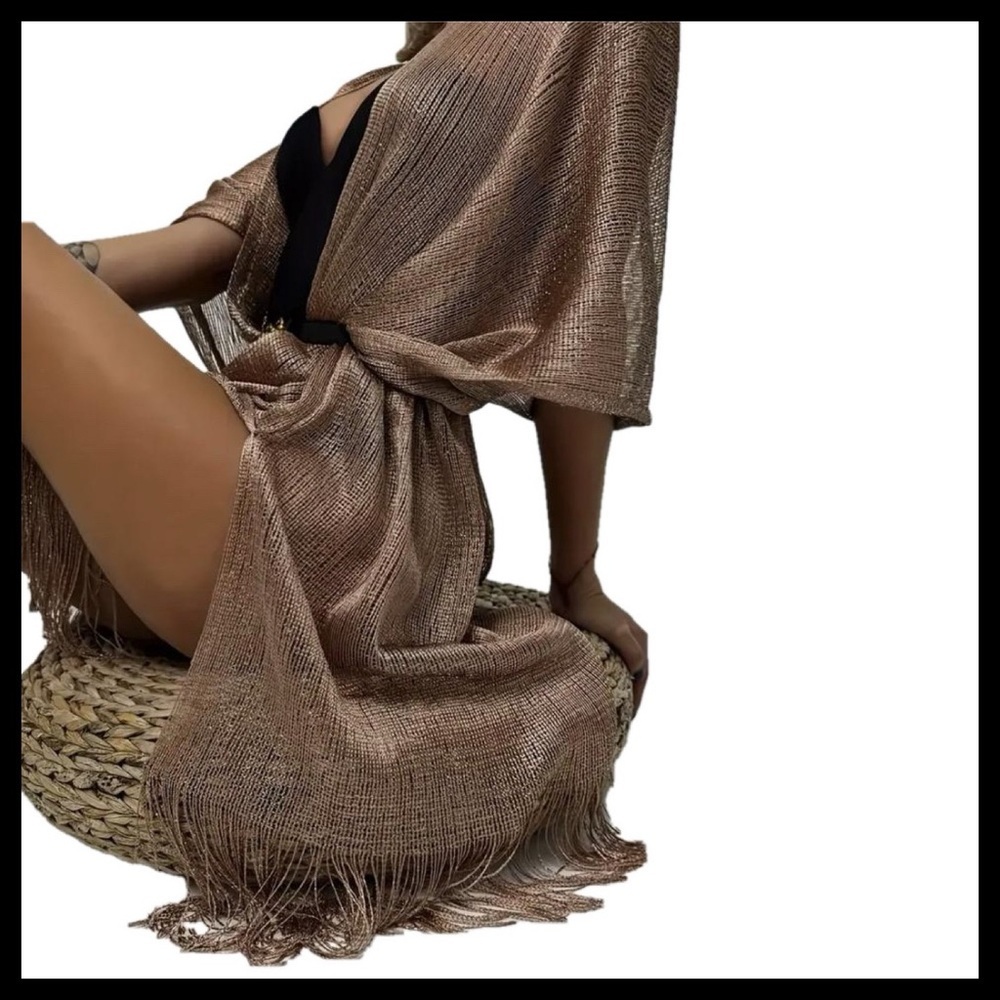 BOUTIQUE Metallic Net Fringed Cover Up Tassel Semi Sheer Shawl Cardigan - Picture 5 of 6